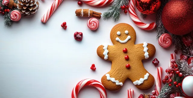 Gingerbread Man with Candy Canes and Christmas Decorations on White Surface