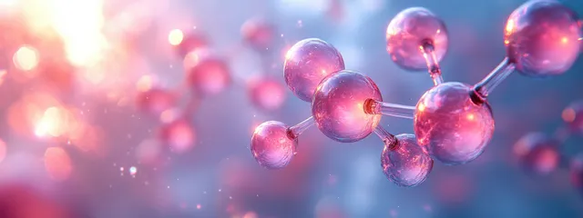 Glowing 3D molecular spheres and cosmetic science particles drift through a soft pink bokeh background.