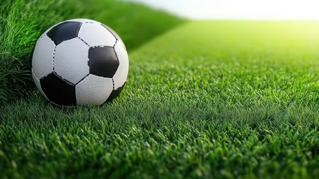 A classic black-and-white soccer ball rests on sunlit green grass with a softly blurred outdoor field background.