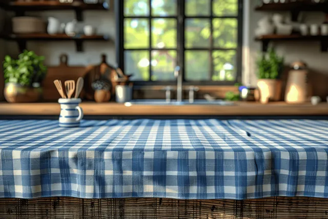 Cozy blue-and-white checkered tablecloth on kitchen table with soft fruit and blurred countertop