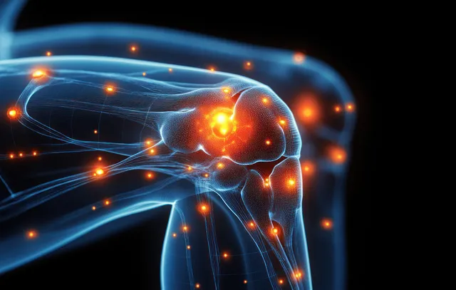 Glowing knee joint pain with inflammation in dark medical visualization