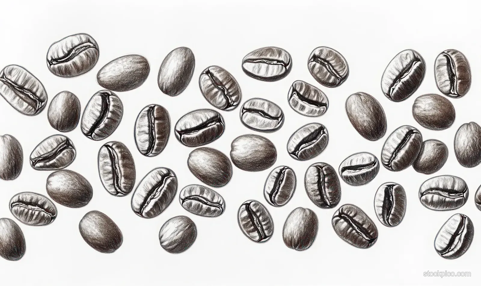 Scattered black and white coffee beans shown in a close-up illustration on a white background.