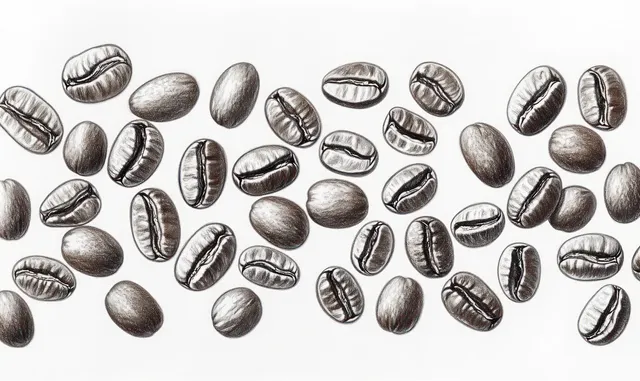 Scattered black and white coffee beans shown in a close-up illustration on a white background.