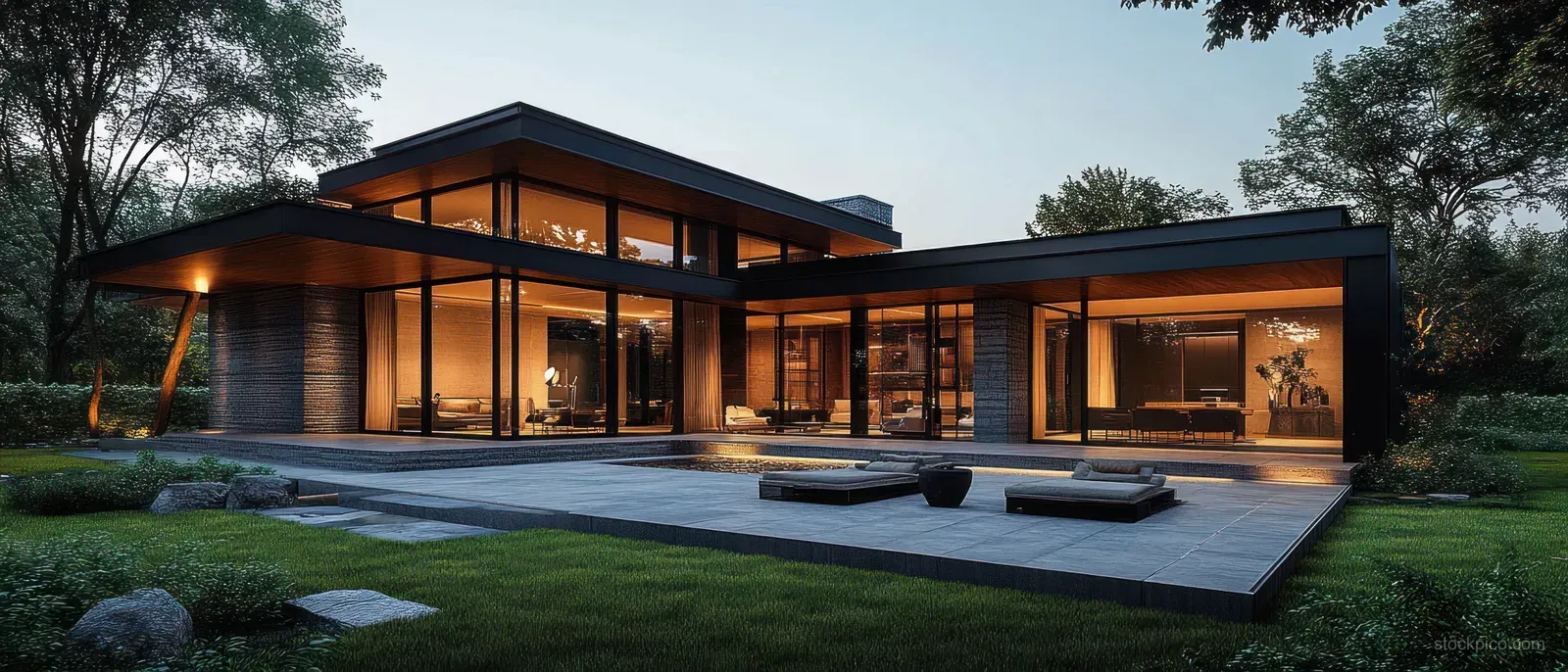 Modern single-story home with warm floor-to-ceiling windows at dusk, surrounded by trees and a stone patio with outdoor seating.