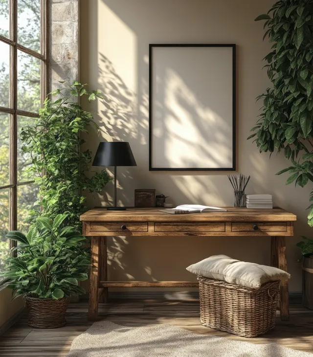 Minimal desk workspace in a sunlit Scandinavian room with a lamp, framed print, and potted plants.