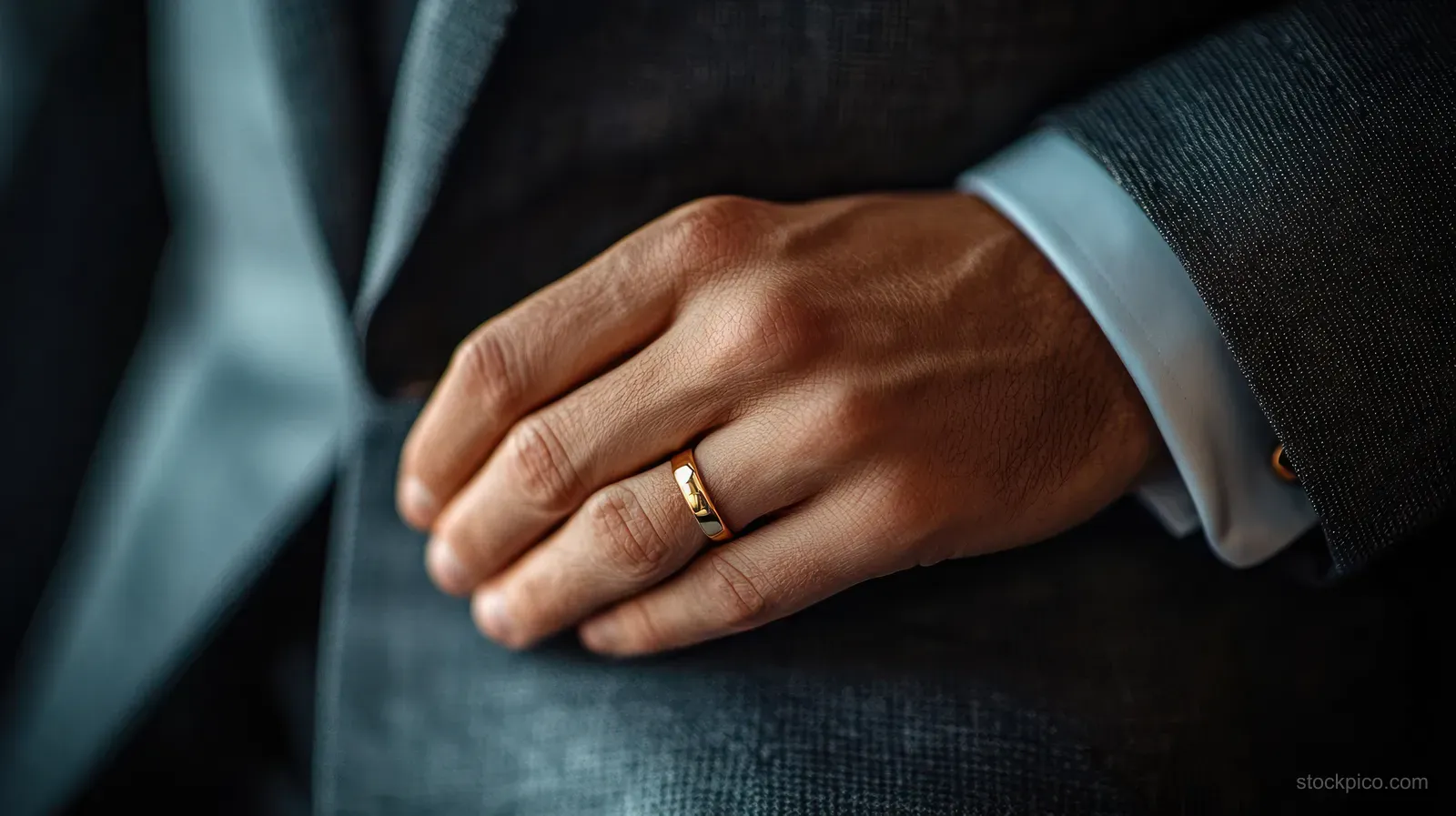 Man’s hand rests on a dark textured suit jacket, showing a gold wedding ring and white shirt cuff.