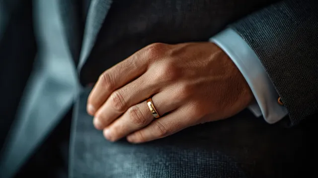 Man’s hand rests on a dark textured suit jacket, showing a gold wedding ring and white shirt cuff.