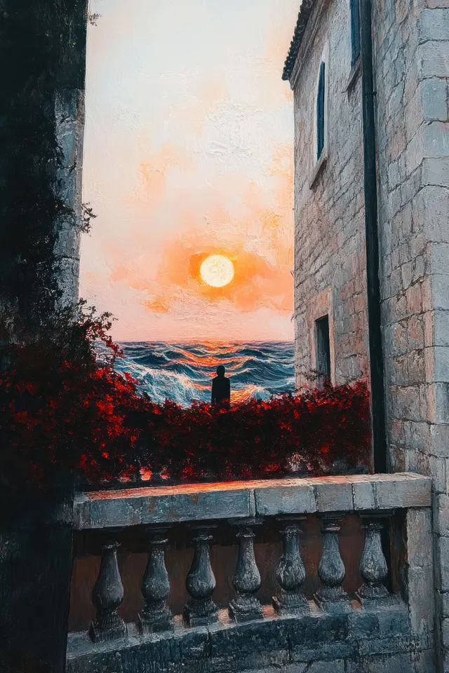 Silhouette of a person standing on a stone balcony looking over choppy sea under an orange sunset sky.