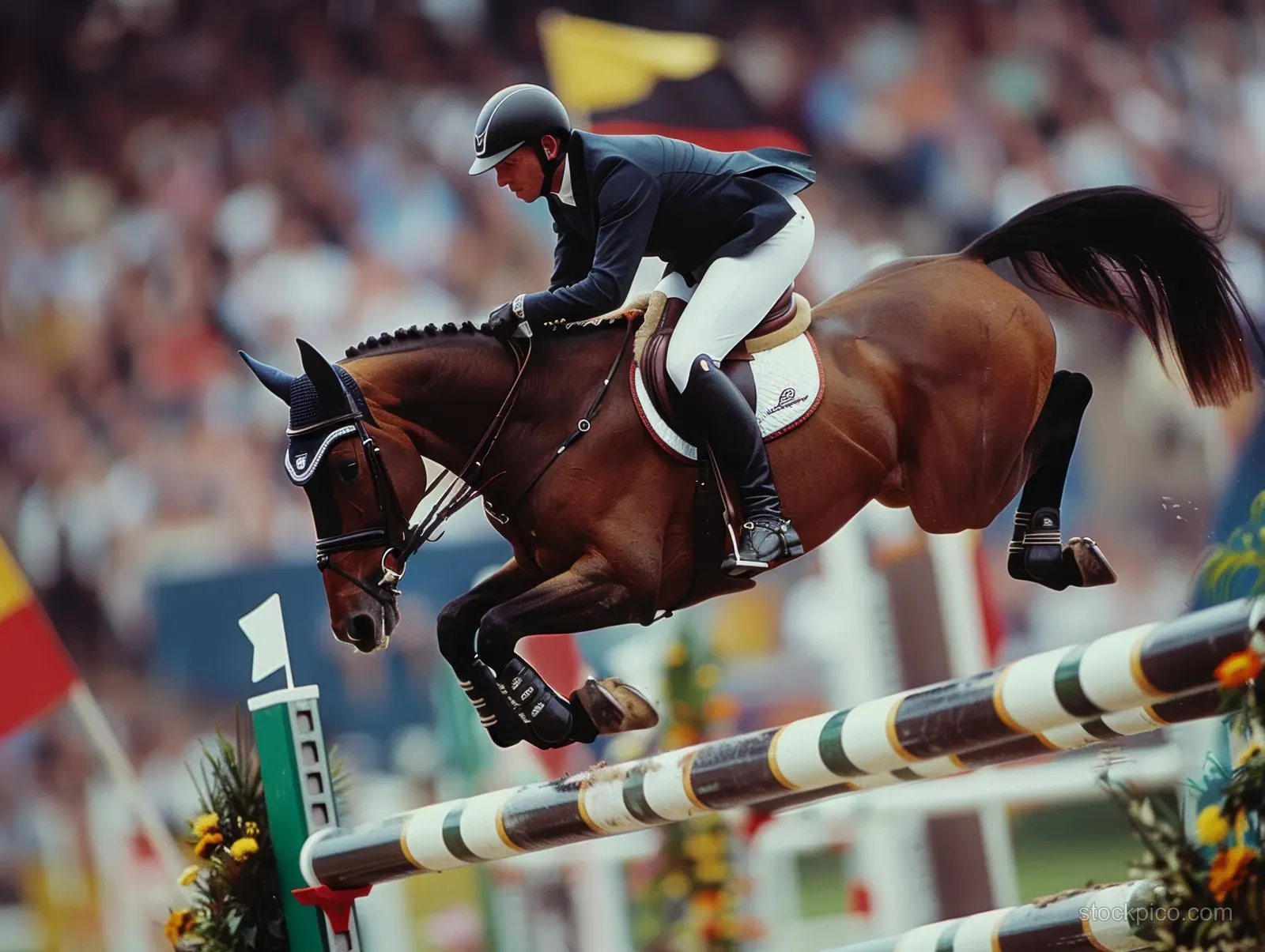 A showjumping horse and rider leap over a striped obstacle in a crowded stadium.