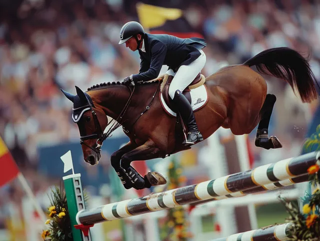 A showjumping horse and rider leap over a striped obstacle in a crowded stadium.