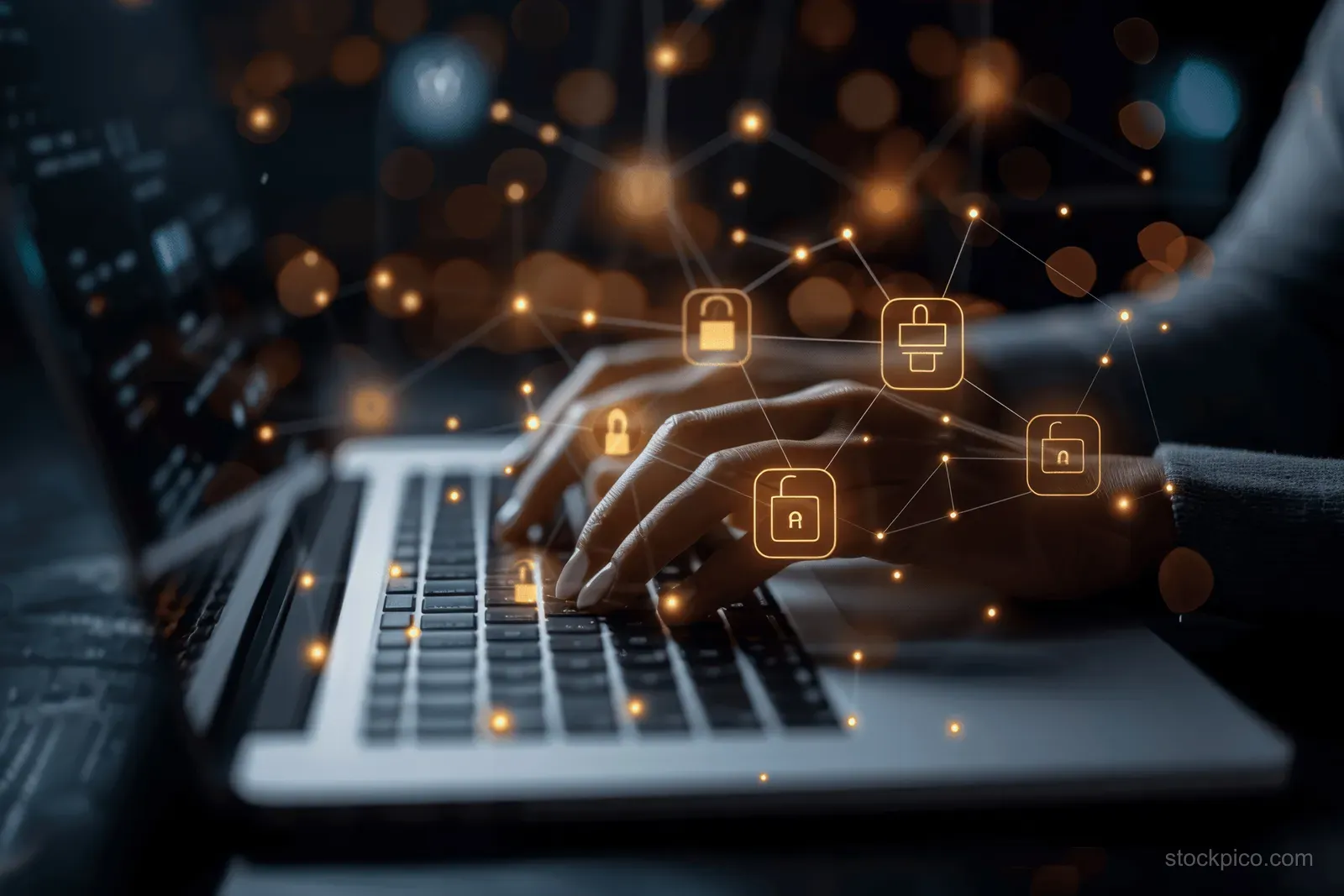 A hand types on a laptop keyboard with floating padlock and access icons indicating data security.
