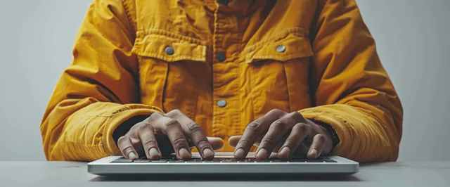Person in yellow sweater typing on laptop keyboard on white desk top view