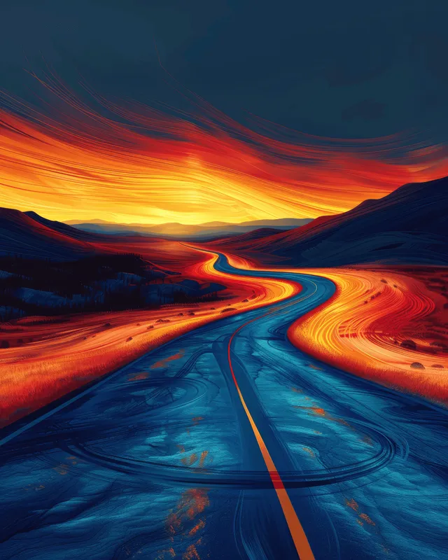 An empty curved highway recedes into the distance under an orange and blue dusk sky with glowing lane lines.