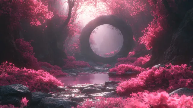 Crystal podium stands in a mystical forest clearing with pink flowers and purple-lit glowing rocks.
