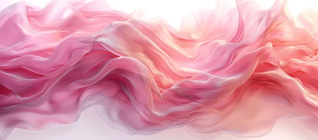 Pink silk fabric forms soft flowing waves with layered folds over a white background.