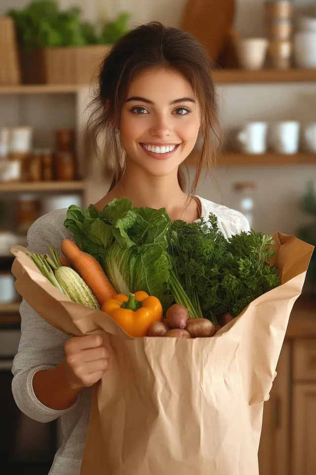 Smiling young woman carrying a paper bag of fresh colorful vegetables in a cozy kitchen