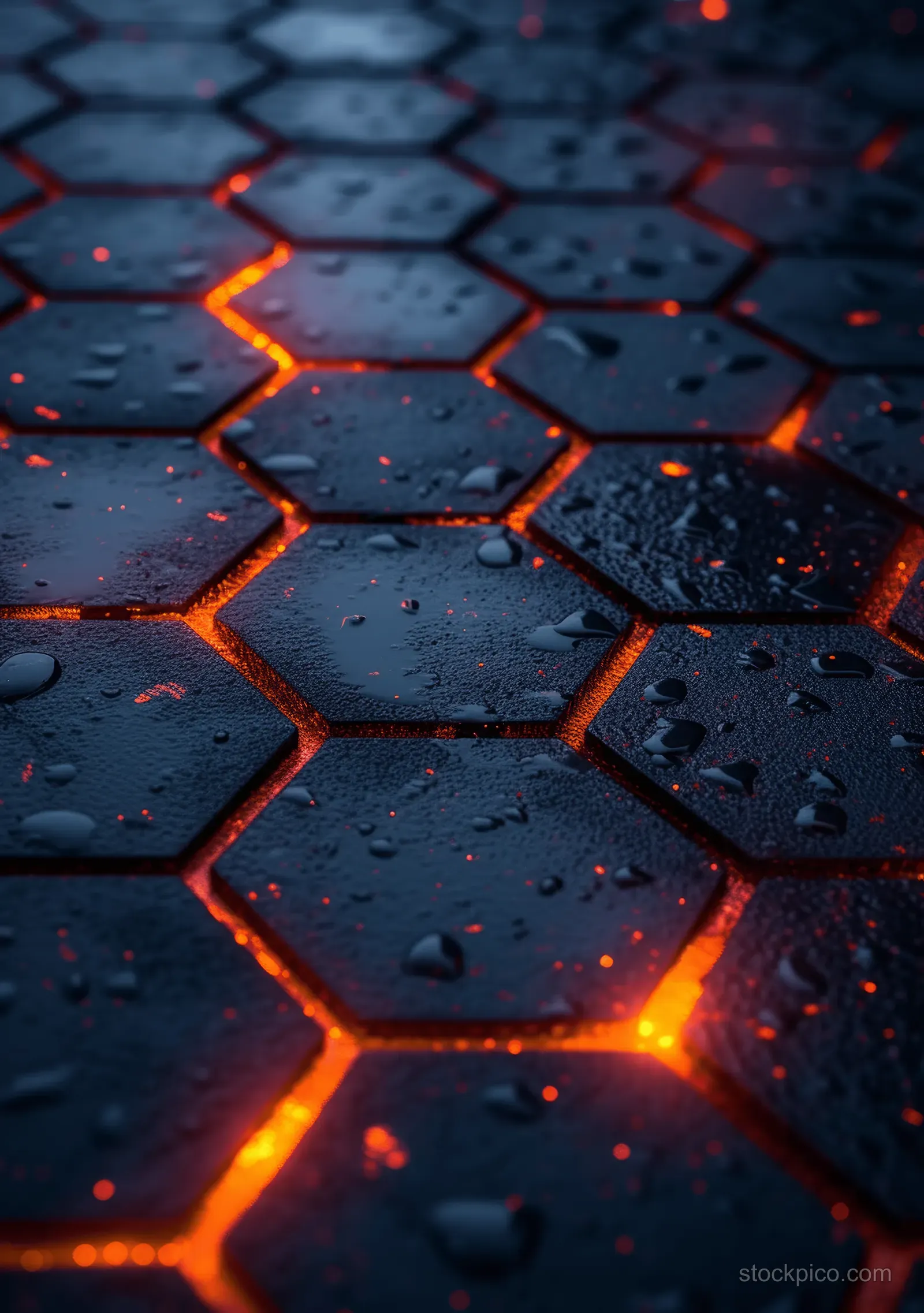 Dark metallic hexagon grid background with glowing red edges and scattered water droplets.