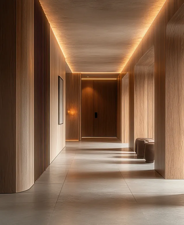 Warm-lit minimalist hallway with wood panel walls, tiled floor, and a small seating area at the end.