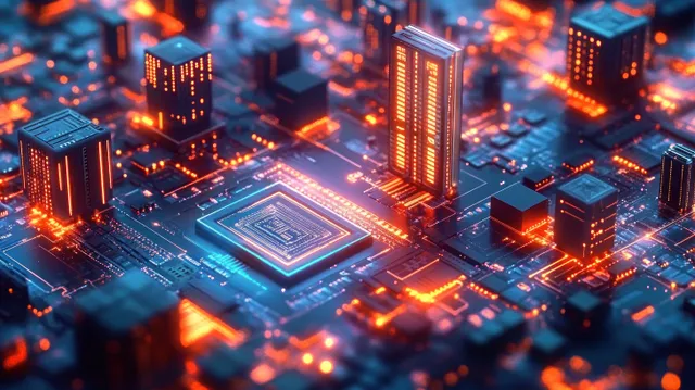 Futuristic banking network glowing across a cyberpunk cityscape