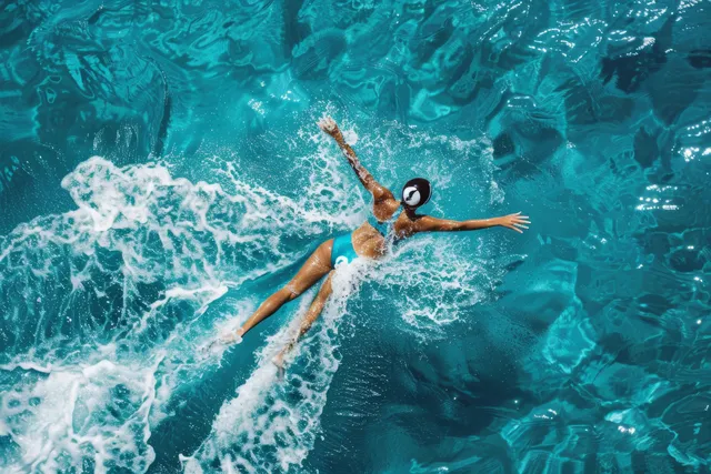 A female swimmer in a butterfly stroke swims just beneath the surface in a blue pool, creating splashes around her.