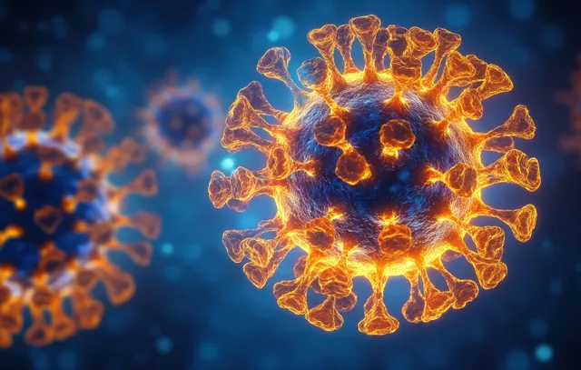 Glowing 3D virus particle with spike proteins surrounded by softly blurred virus shapes on a blue background.