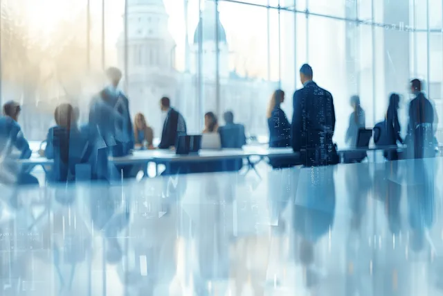 Business professionals gather around desks in a glass office, with a cityscape visible outside the windows.