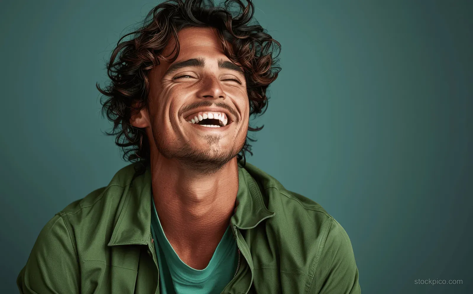 Curly-haired man laughing and smiling in a bright green shirt against a solid teal studio background.