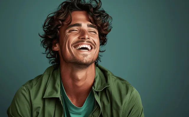 Curly-haired man laughing in a bright green shirt against a solid teal studio background with Human Expression