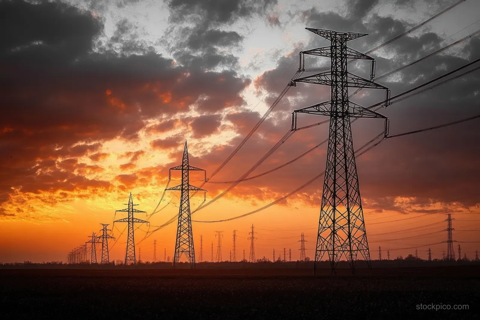 Steel transmission towers and power lines stretch across a flat field under an orange and dark cloudy sunset.
