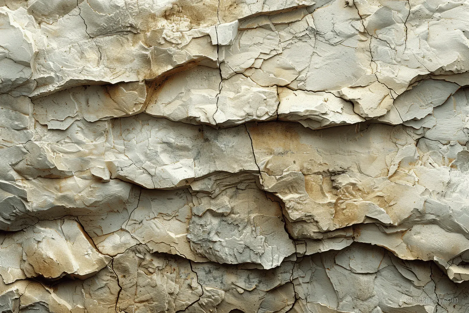 Cracked beige stone wall with layered peeling surfaces and weathered texture.