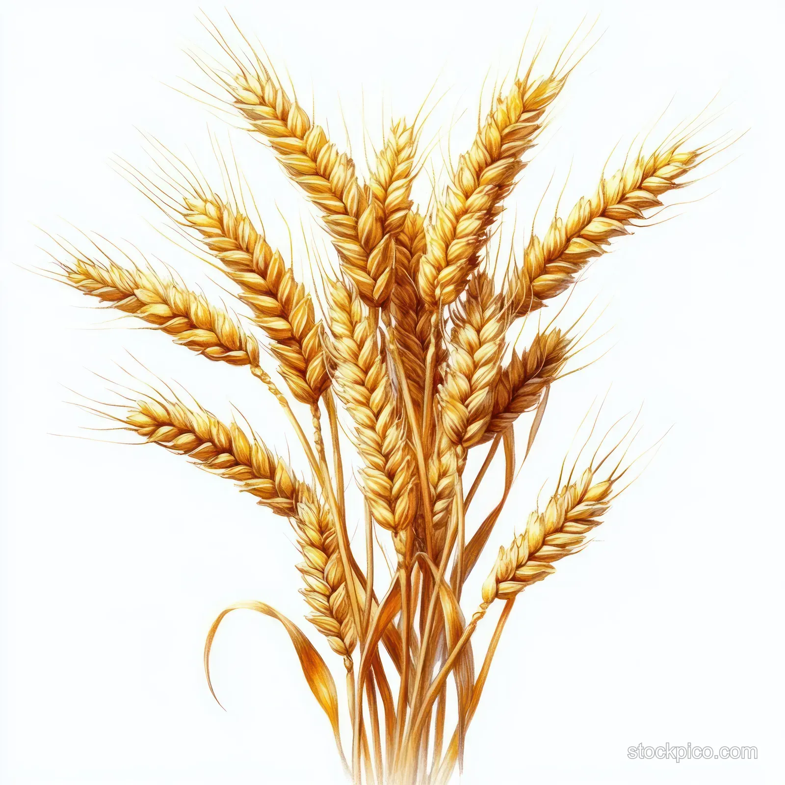 Ripe golden wheat ears with long awns arranged together on a white background.