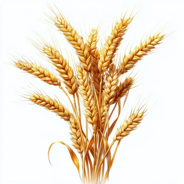 Ripe golden wheat ears with long awns arranged together on a white background.