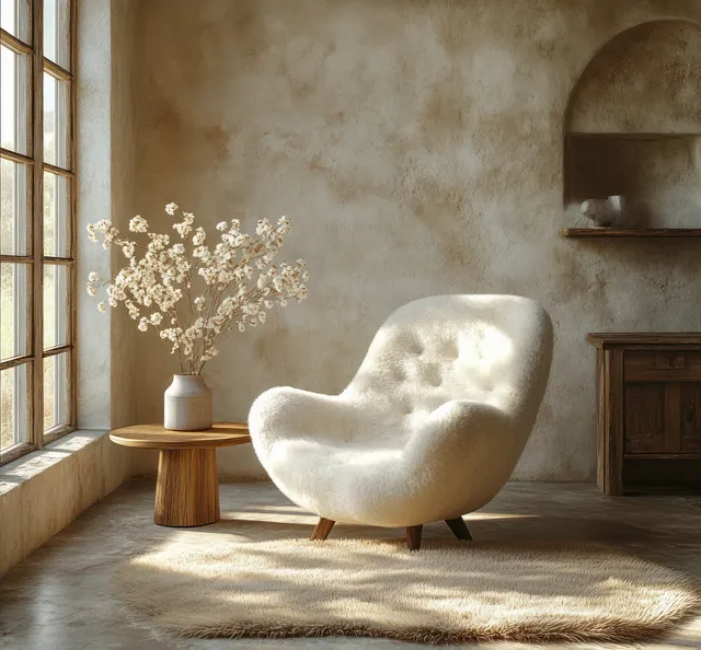 Warm sunlight fills a Scandinavian living room with an off-white armchair, side table, and minimalist rug by the window.