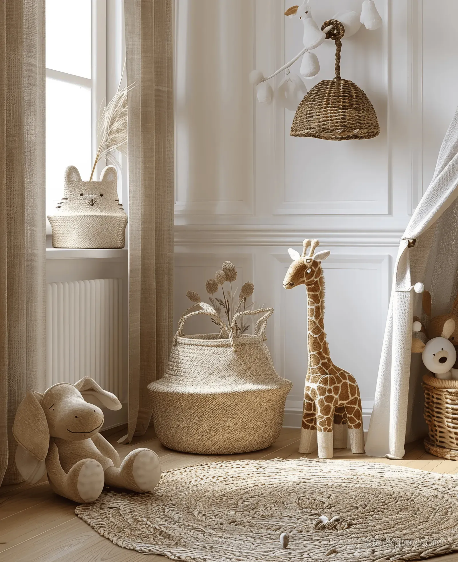 Children’s room interior with wooden toy animals, woven baskets, beige walls, and soft daylight through a window curtain.