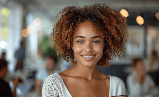 Smiling young black businesswoman holding a smartphone in a modern office with coworkers in the background.