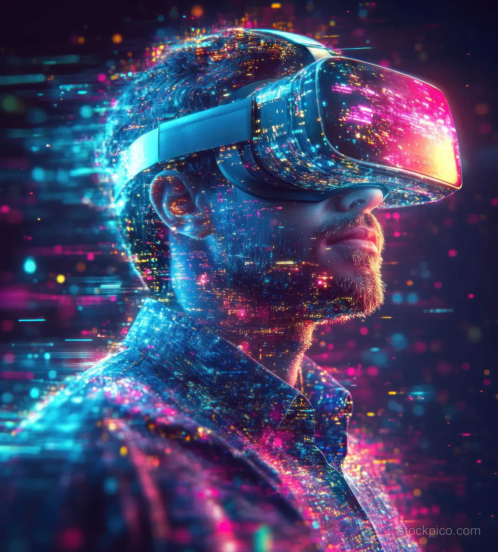A suited businessman wearing a VR headset reaches toward a glowing holographic interface amid neon data particles.