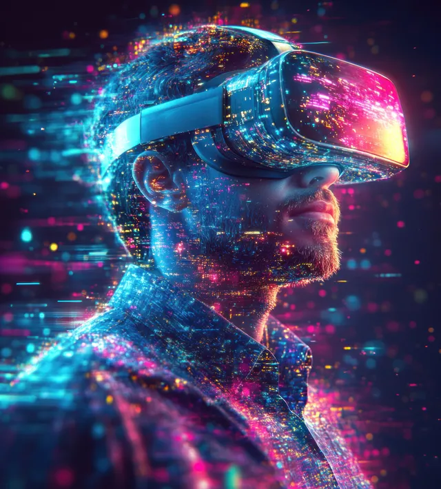 A suited businessman wearing a VR headset reaches toward a glowing holographic interface amid neon data particles.