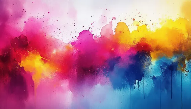 Colorful watercolor splash background with drips, splatters, and misty paint clouds