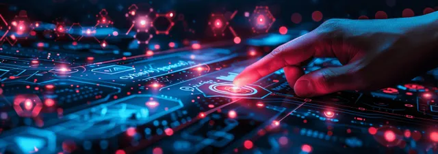 Hands point at a laptop keyboard while glowing cybersecurity encryption and network icons float in the background.