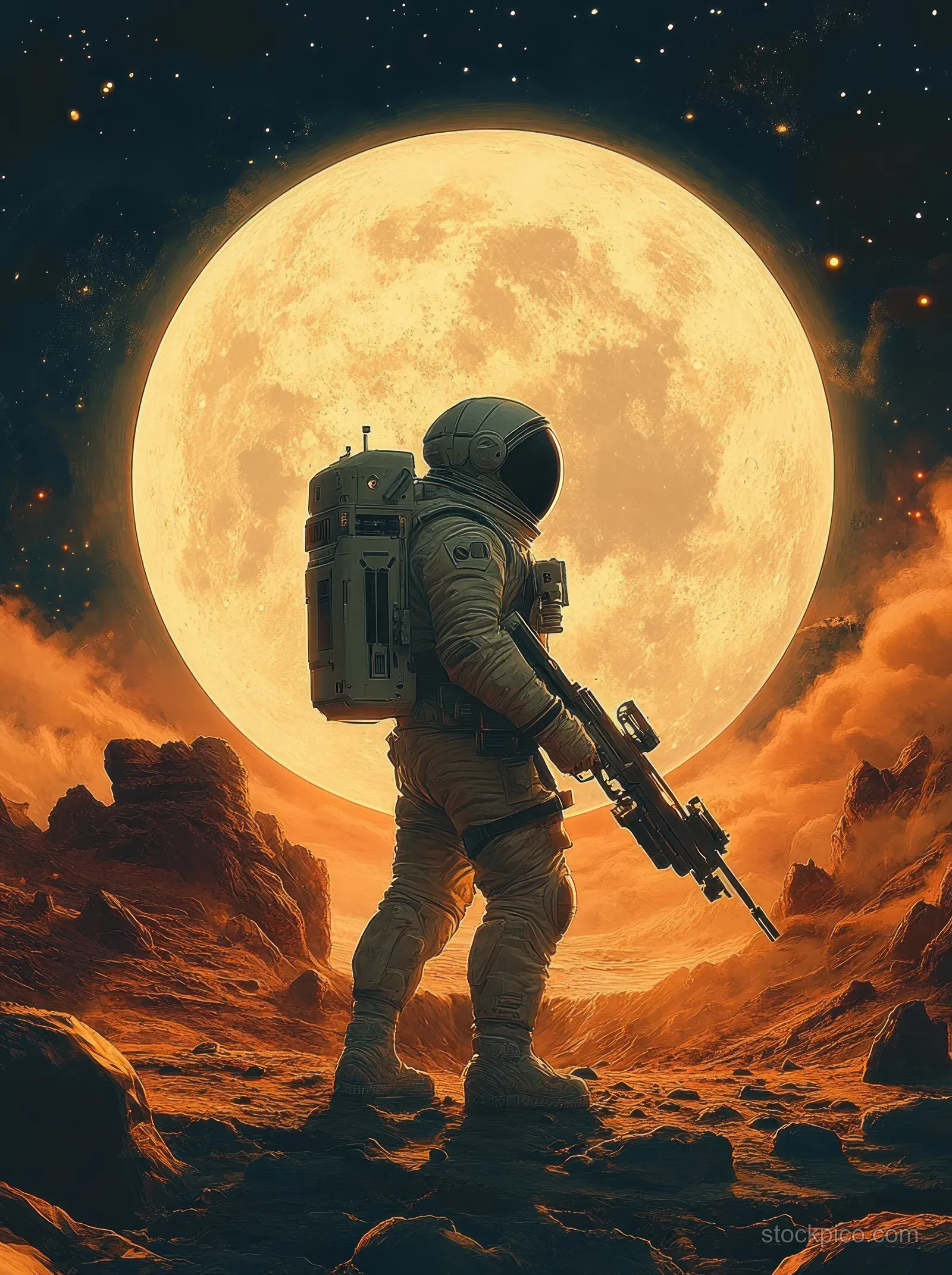 Astronaut holding a rifle on rocky terrain under a glowing full moon and orange clouds.