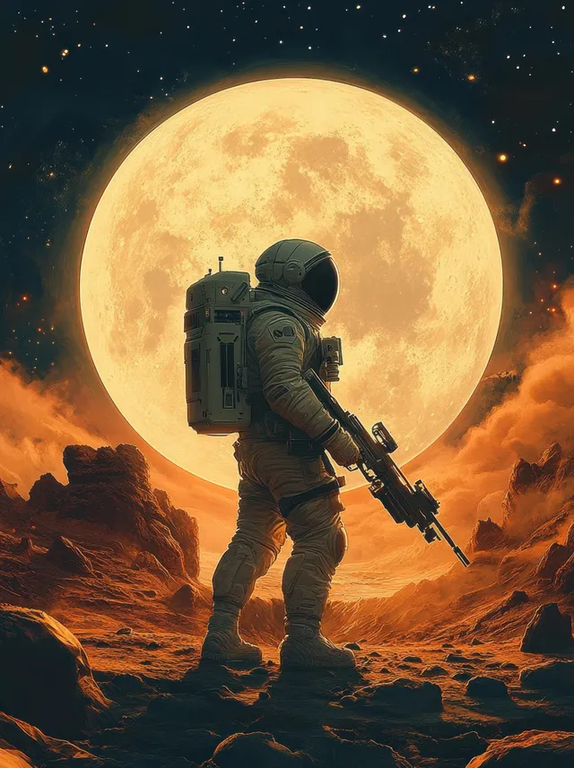 Astronaut holding a rifle on rocky terrain under a glowing full moon and orange clouds.