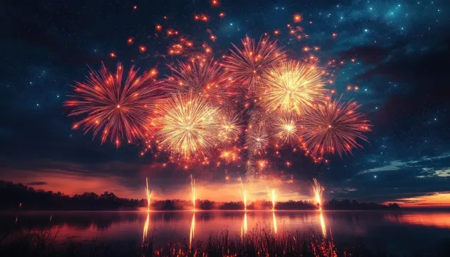 Fireworks burst across a twilight sky above a calm lake, with glowing reflections on the water surface.