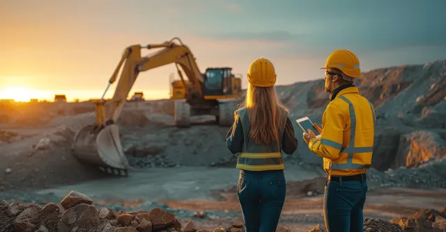Two construction workers in hard hats review plans on a tablet beside an excavator at sunset on a job site.