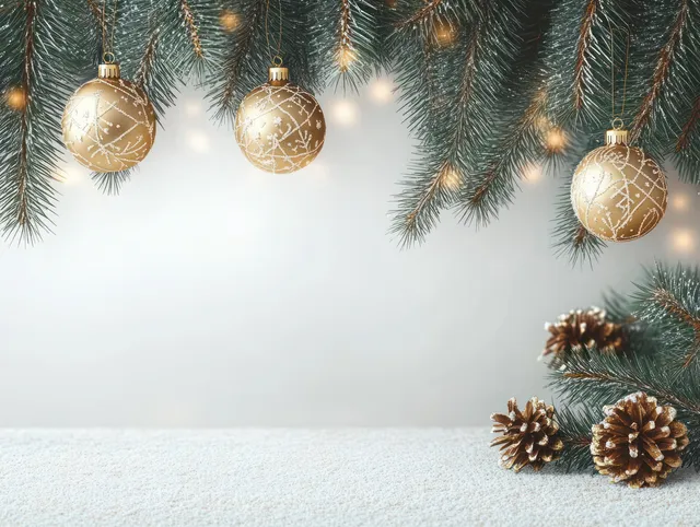 Hanging pine branches and golden Christmas ornaments decorate a wall above a rustic shelf with pinecones and empty space.