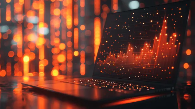 An open laptop projects a glowing 3D upward financial chart with orange market trend points in the background.