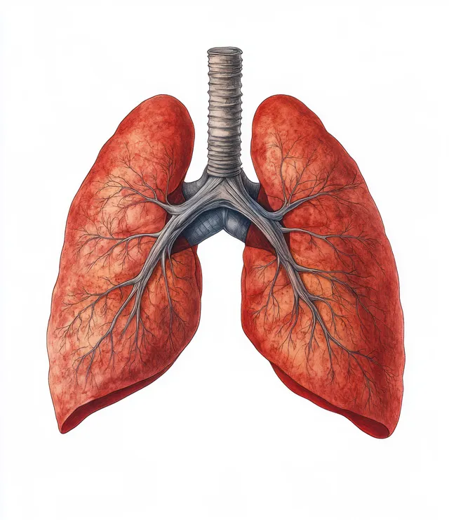 Anatomical human lungs with bronchi and ribcage framework shown against a plain light background.