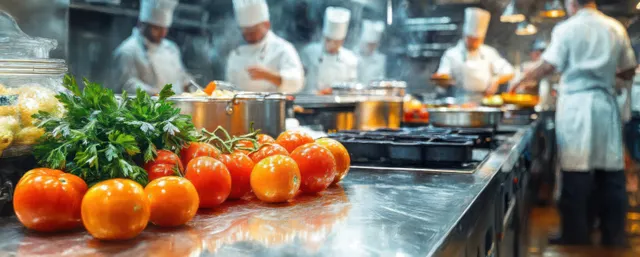 Chefs chopping herbs in a bustling restaurant kitchen beside fresh tomatoes on steel counter