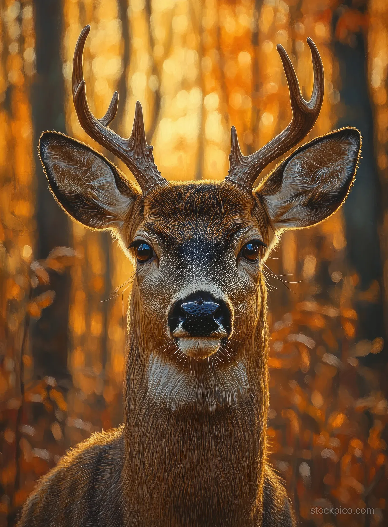 A stag stares at the camera with detailed antlers and fur, illuminated by dramatic light against a blurred autumn forest.