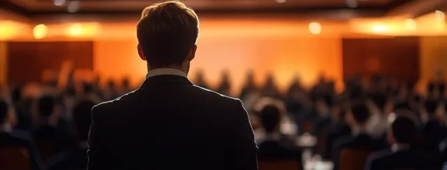 Silhouetted speaker stands before a seated audience in a dim auditorium during a business training session.