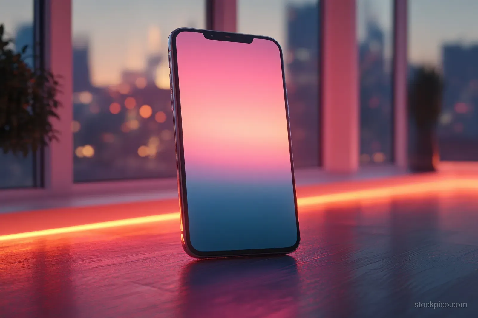 A smartphone with a blank gradient screen stands on a reflective desk in front of a blurred city view.